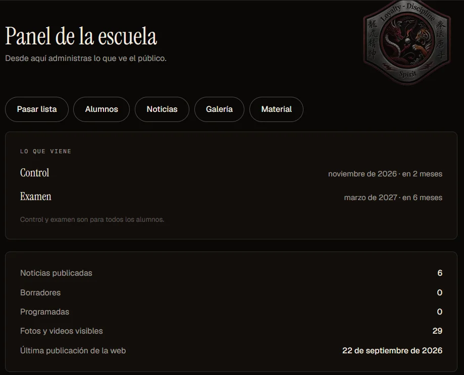 Panel privado de la escuela con accesos a pasar lista, alumnos, noticias, galería y material
